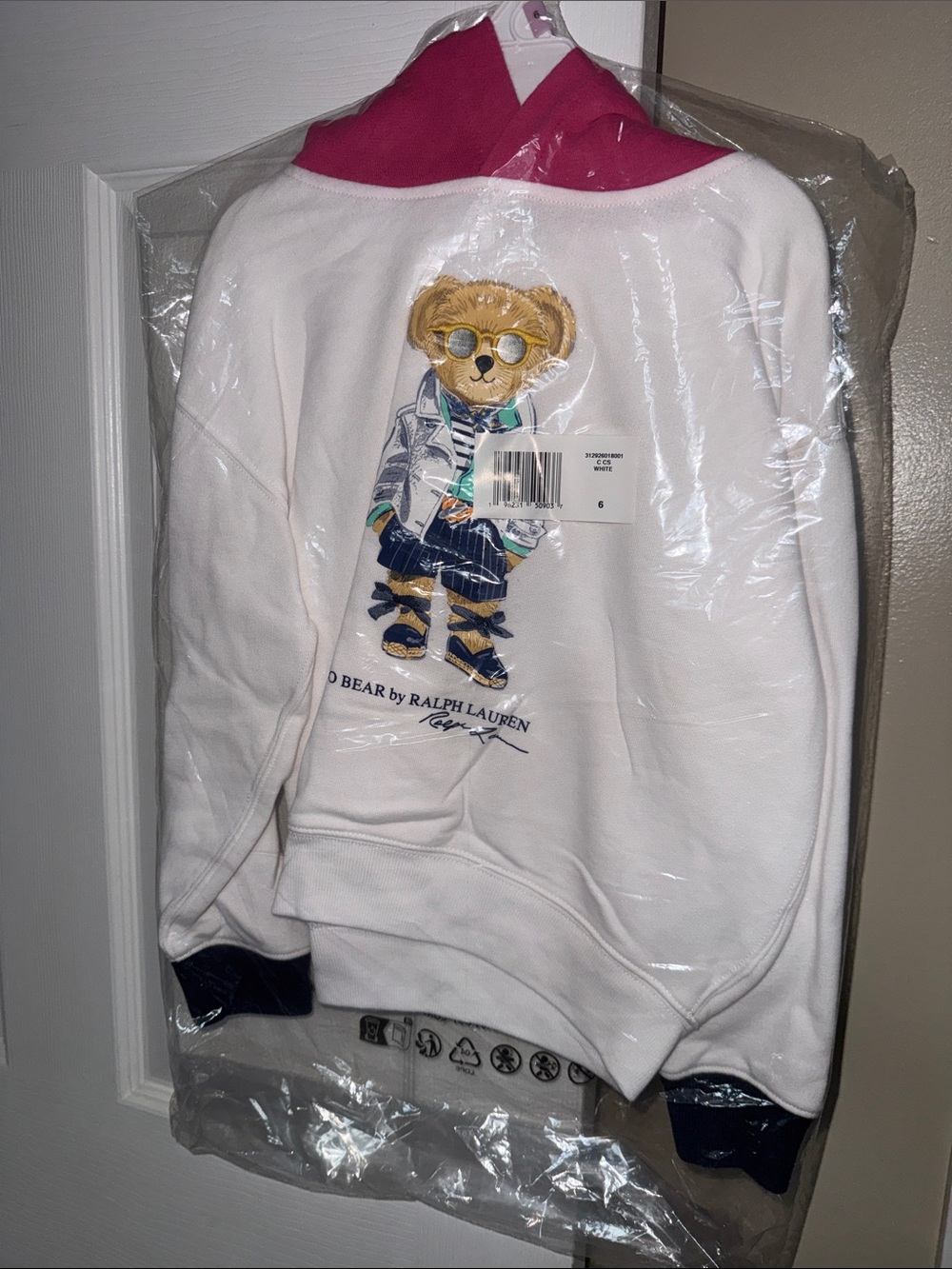 Polo by Ralph Lauren White Hoodie with Pink Hood & Navy Trim - Bear Graphic